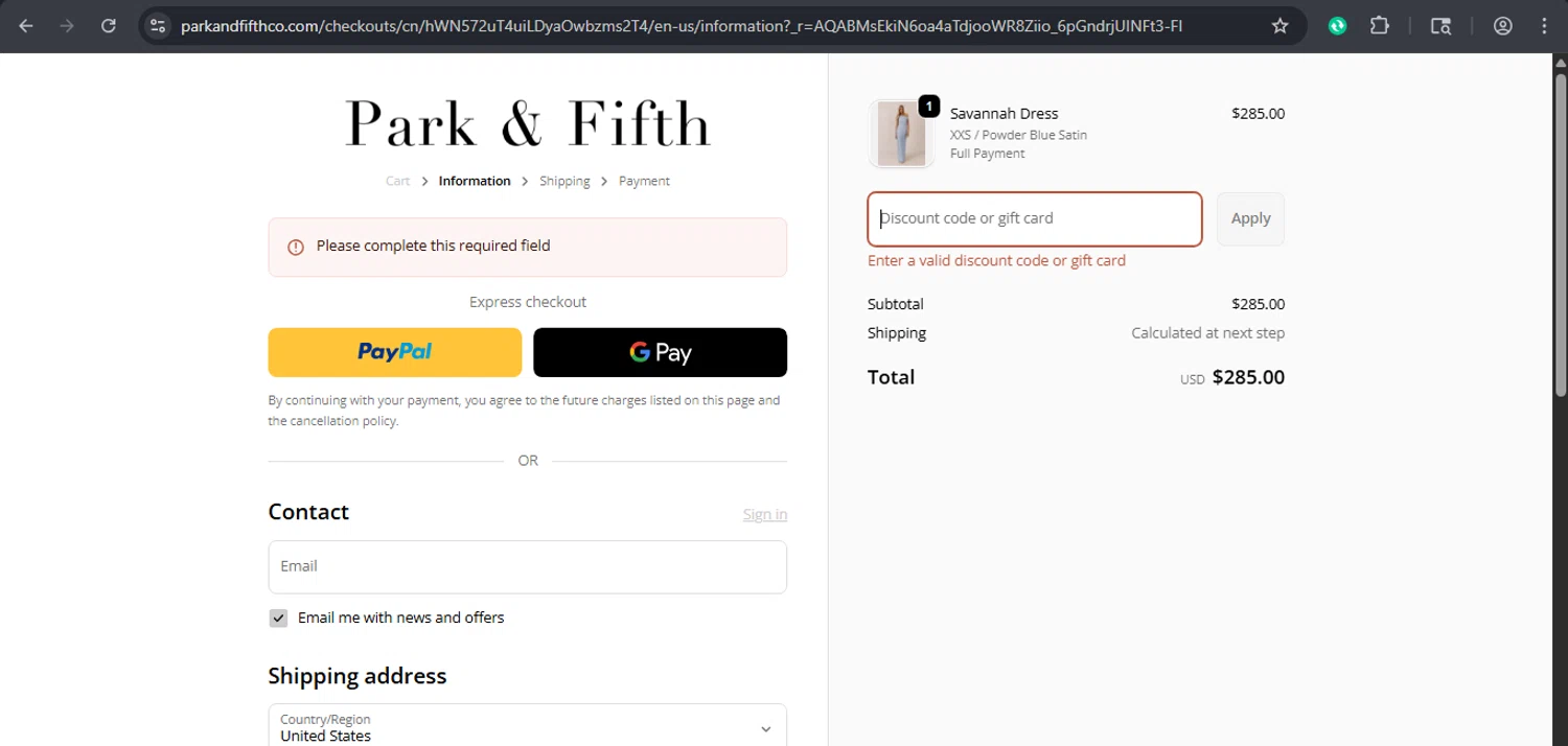 Park Fifth discount code screenshot showing code emmmck15 applied at Park Fifth checkout page. Uploaded by SimplyCodes community member xaswqe on Nov 10, 2025