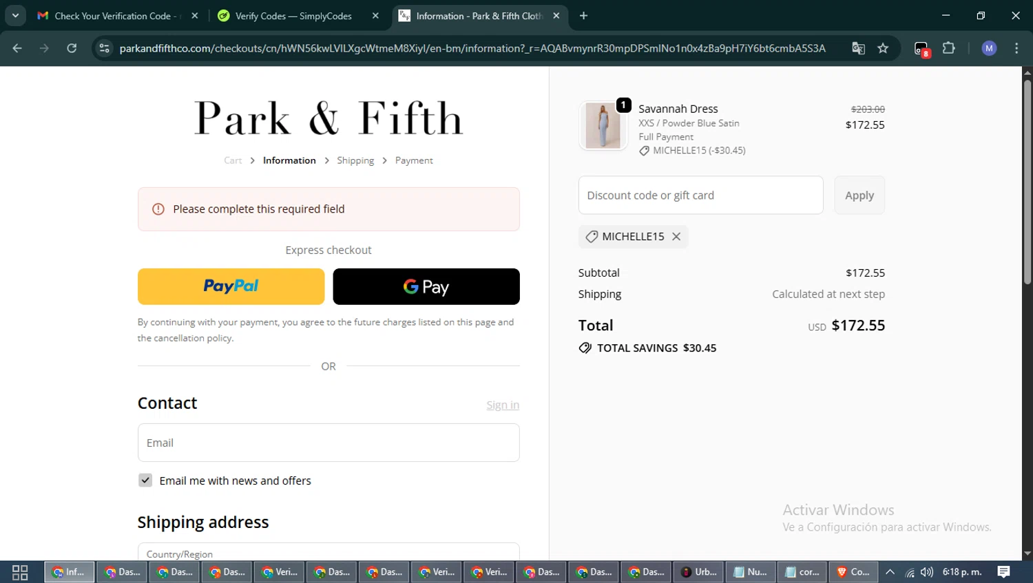Park Fifth discount code screenshot showing code MICHELLE15 applied at Park Fifth checkout page. Uploaded by SimplyCodes community member PrimeFox5260 on Nov 9, 2025