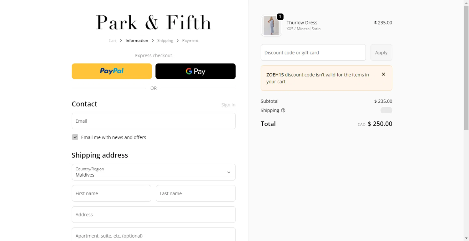 Park Fifth discount code screenshot showing code ZOEH15 applied at Park Fifth checkout page. Uploaded by SimplyCodes community member BargainMonarch8220 on Dec 29, 2025