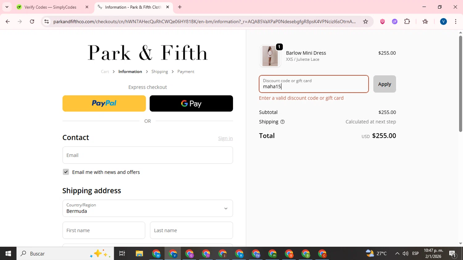 Park Fifth discount code screenshot showing code maha15 applied at Park Fifth checkout page. Uploaded by SimplyCodes community member CrownTitan5376 on Jan 3, 2026