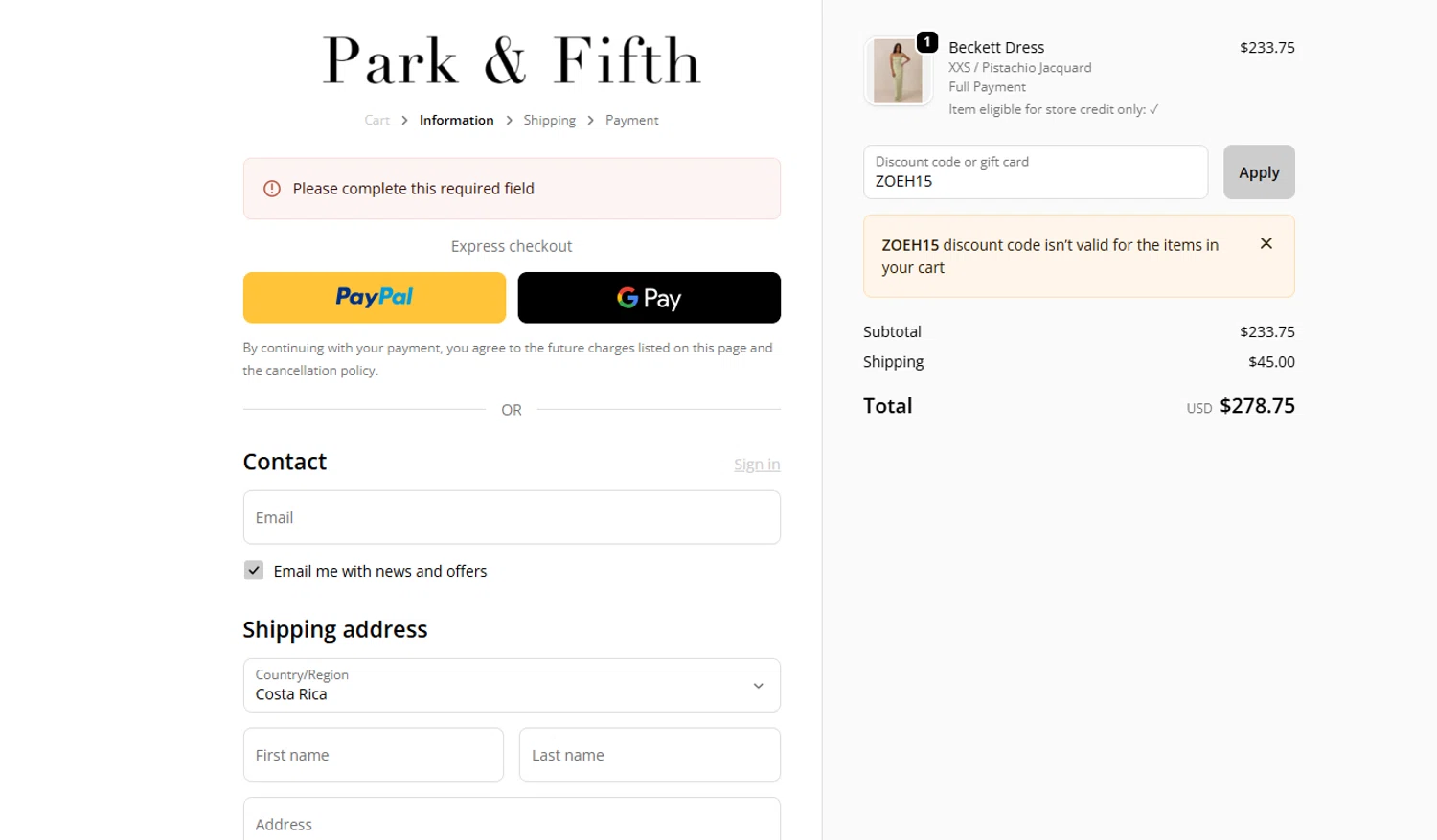 Park Fifth discount code screenshot showing code ZOEH15 applied at Park Fifth checkout page. Uploaded by SimplyCodes community member Dorothy on Nov 24, 2025