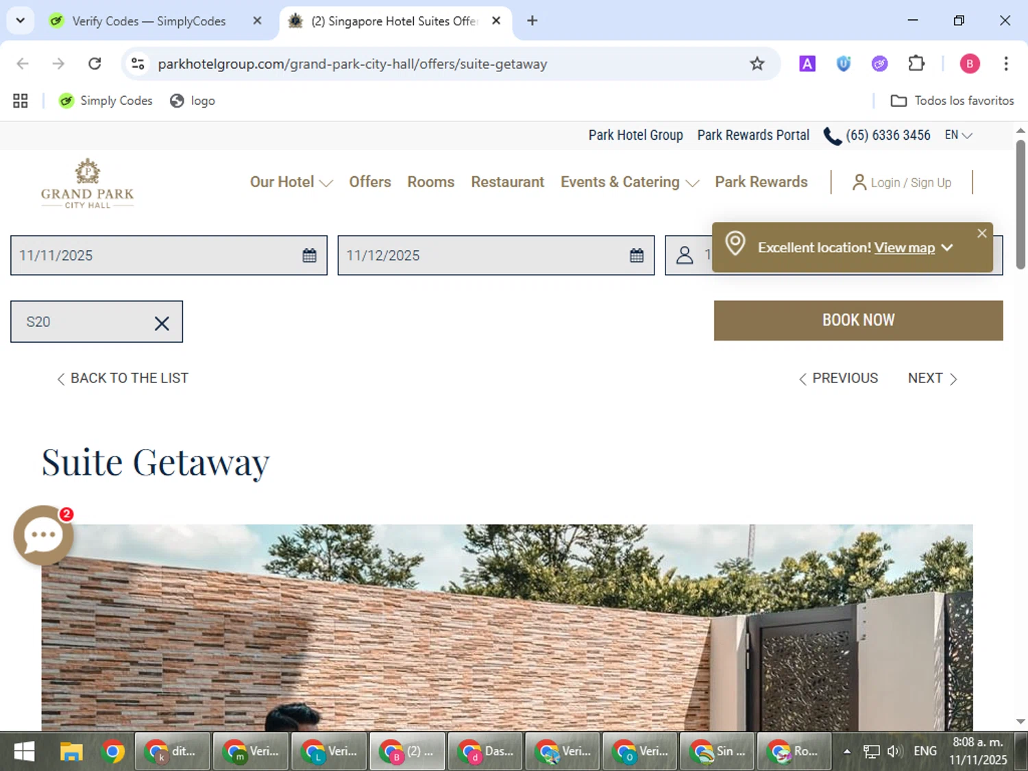 Park Hotel Hong Kong promo code screenshot showing code S20 applied at Park Hotel Hong Kong checkout page. Uploaded by SimplyCodes community member bombontropical on Nov 11, 2025