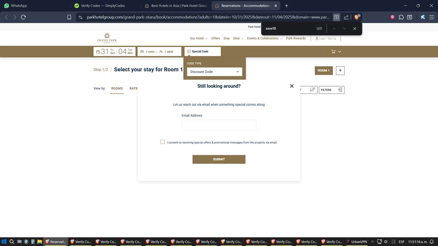 Park Hotel Hong Kong promo code screenshot showing code save10 applied at Park Hotel Hong Kong checkout page. Uploaded by SimplyCodes community member SimplyGOAT on Oct 25, 2025
