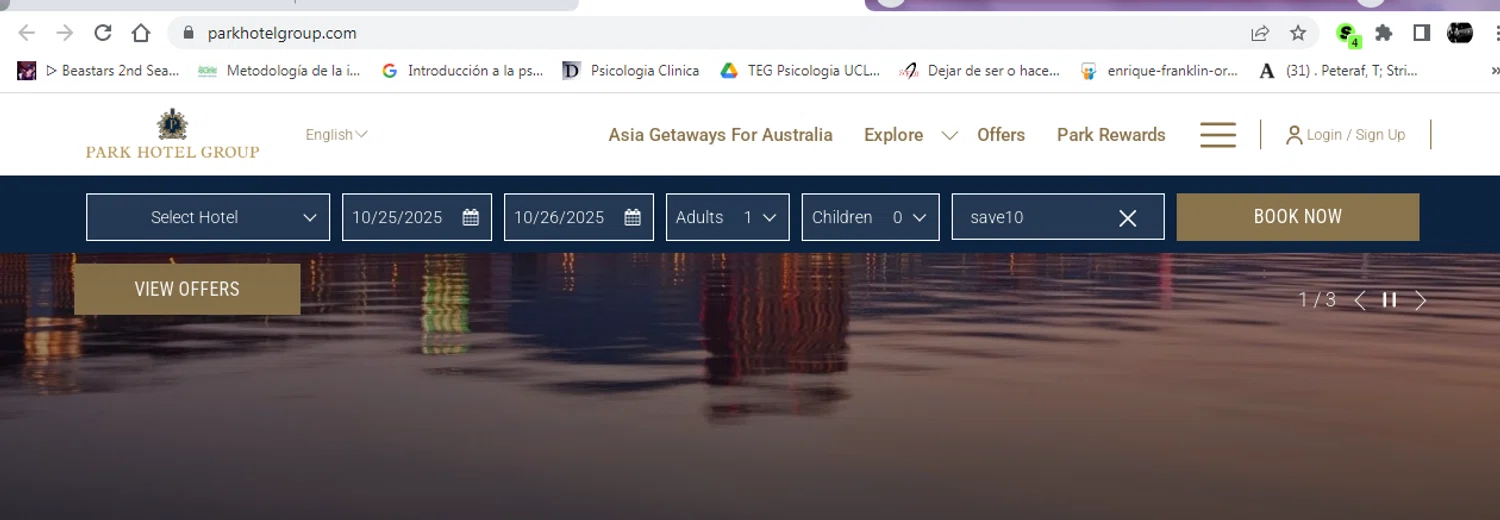 Park Hotel Hong Kong promo code screenshot showing code save10 applied at Park Hotel Hong Kong checkout page. Uploaded by SimplyCodes community member leidycamacaro on Oct 25, 2025