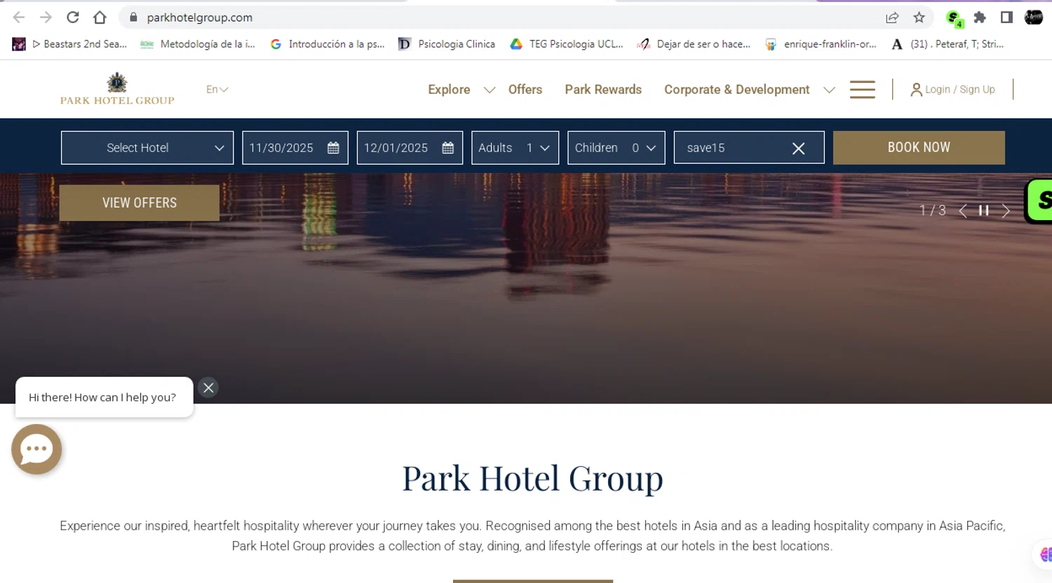 Park Hotel Hong Kong promo code screenshot showing code save15 applied at Park Hotel Hong Kong checkout page. Uploaded by SimplyCodes community member leidycamacaro on Dec 1, 2025