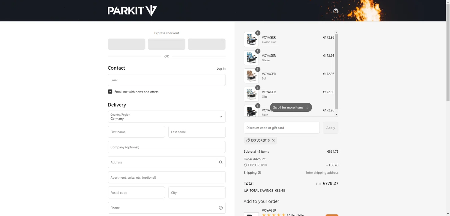 PARKIT Movement promo code screenshot showing code EXPLORER10 applied at PARKIT Movement checkout page. Uploaded by SimplyCodes community member ValiantAce1810 on Jul 2, 2025