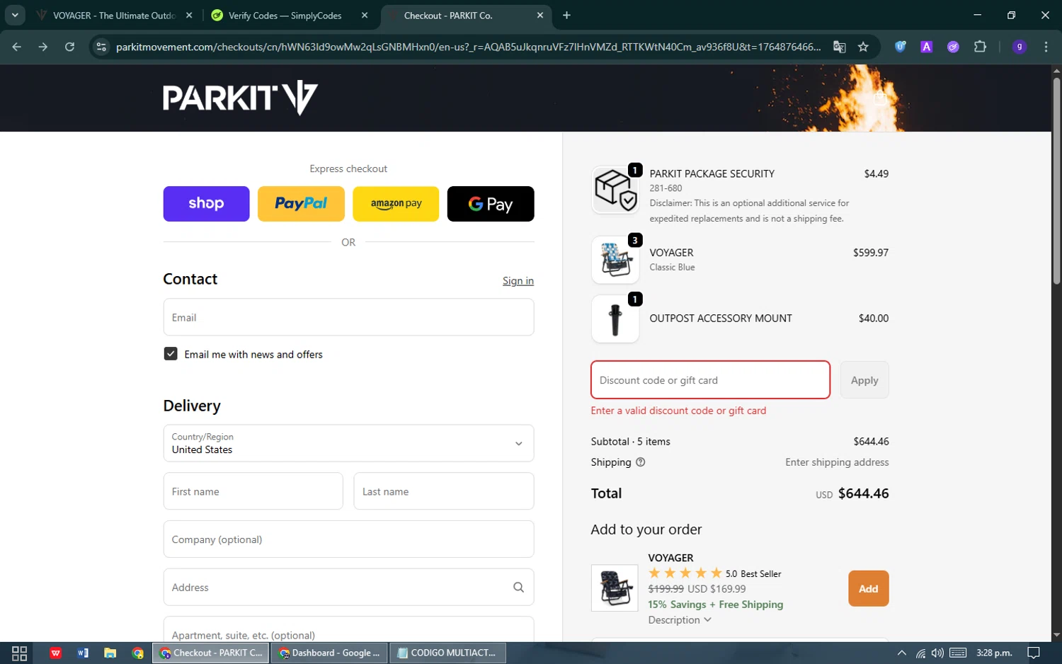 PARKIT Movement promo code screenshot showing code FAMILY-PACK applied at PARKIT Movement checkout page. Uploaded by SimplyCodes community member MoneyHawk1631 on Dec 4, 2025