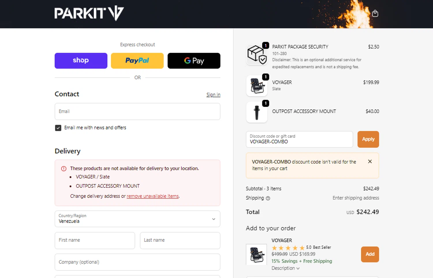 PARKIT Movement promo code screenshot showing code VOYAGER-COMBO applied at PARKIT Movement checkout page. Uploaded by SimplyCodes community member BonusCollector7885 on Dec 10, 2025