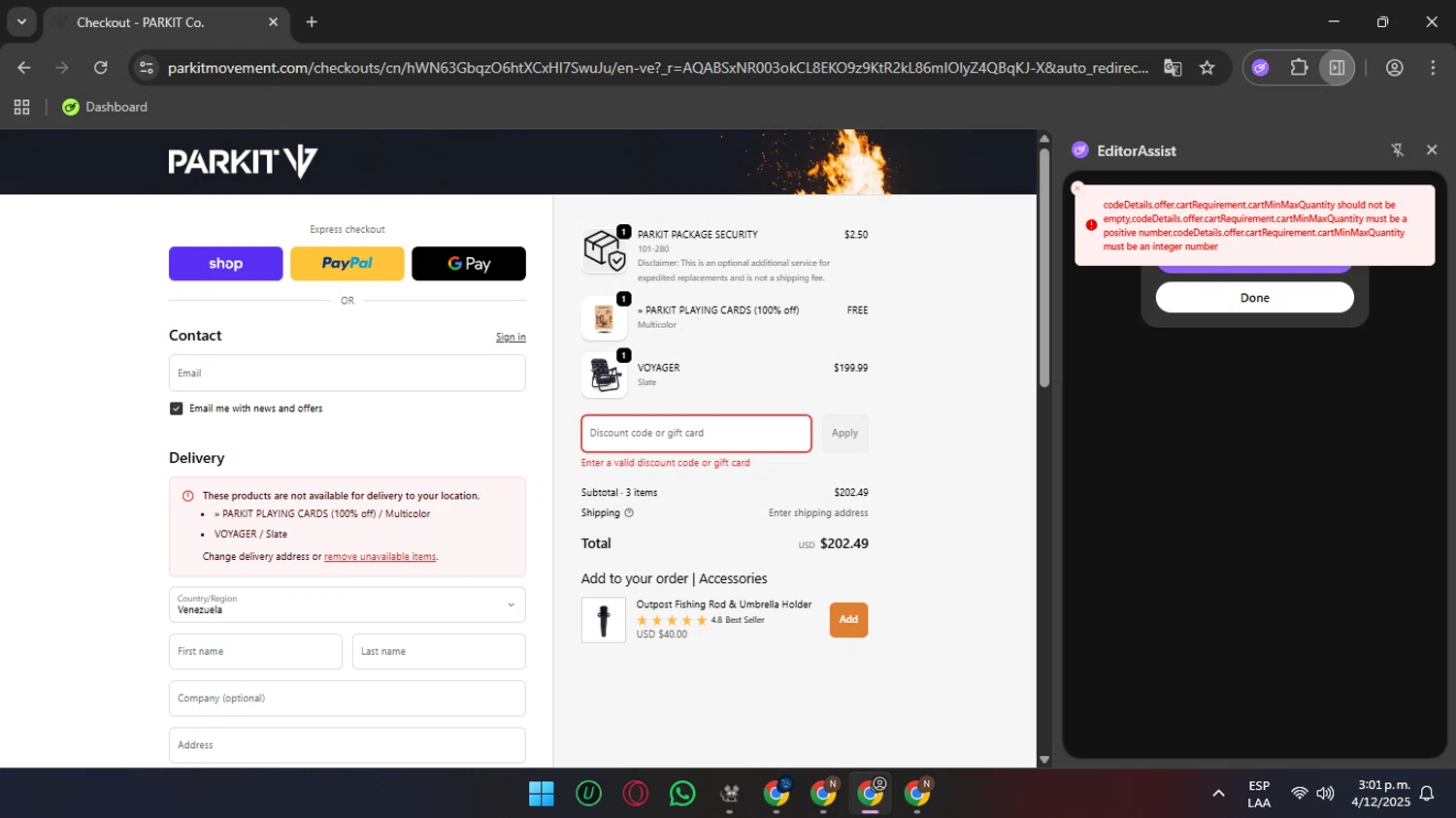 PARKIT Movement promo code screenshot showing code VOYAGER-COMBO applied at PARKIT Movement checkout page. Uploaded by SimplyCodes community member SunJinWoo on Dec 4, 2025