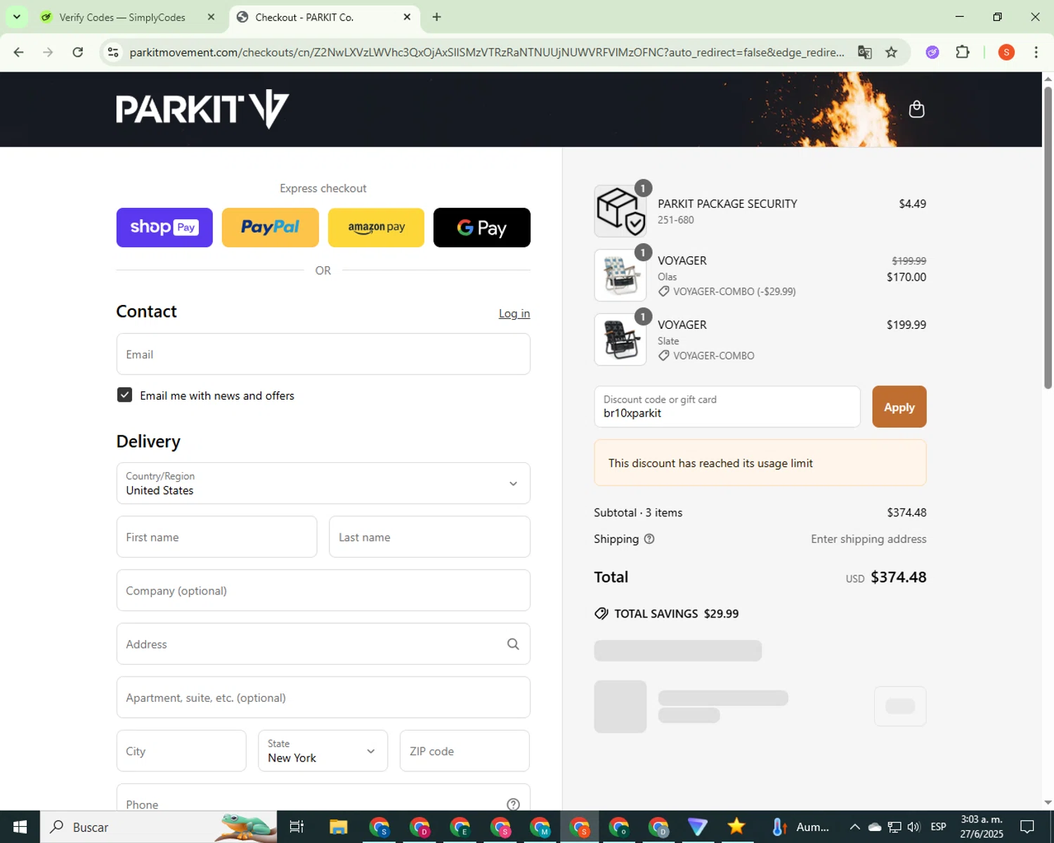 PARKIT Movement promo code screenshot showing code br10xparkit applied at PARKIT Movement checkout page. Uploaded by SimplyCodes community member CrownBoss9623 on Jun 27, 2025