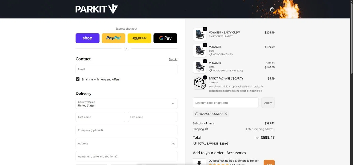 PARKIT Movement promo code screenshot showing code VOYAGER-COMBO applied at PARKIT Movement checkout page. Uploaded by SimplyCodes community member Depressive on Dec 6, 2025