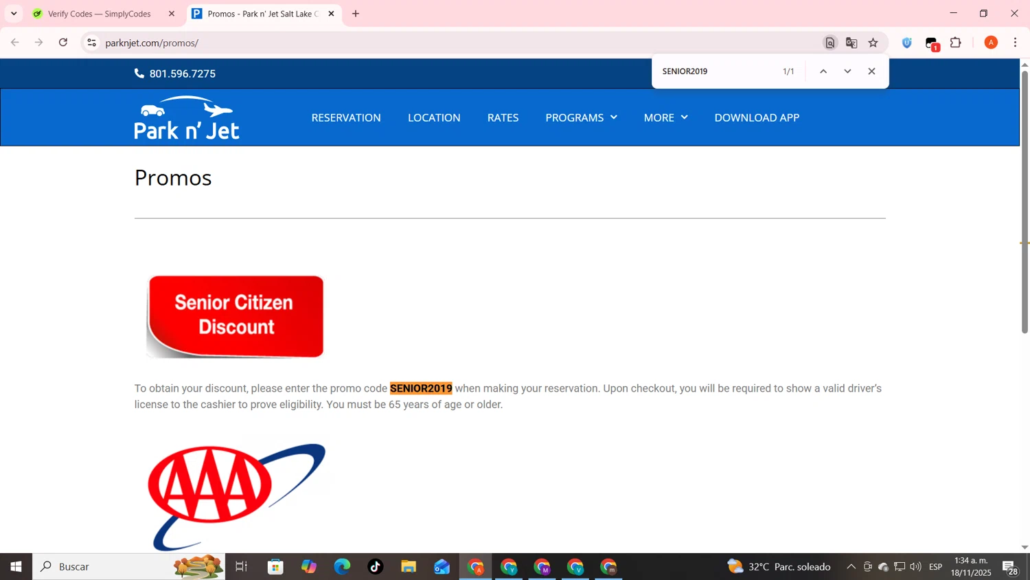 Park'n JET checkout page showing Park'n JET promo code box | Screenshot taken by SimplyCodes community member on Nov 18, 2025