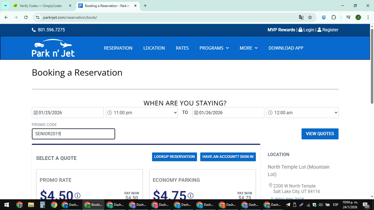 Park'n JET promo code screenshot showing code SENIOR2019 applied at Park'n JET checkout page. Uploaded by SimplyCodes community member ShieldFinder369 on Jan 25, 2026