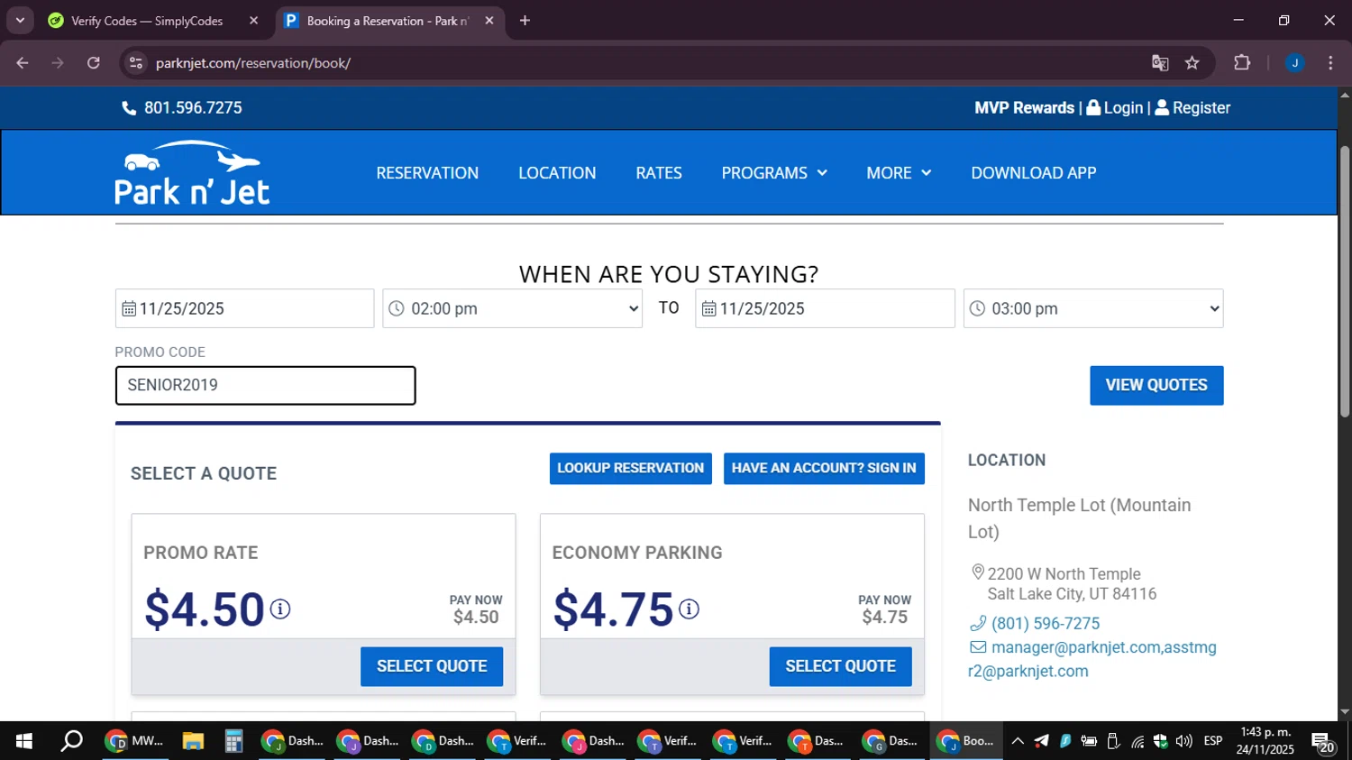 Park'n JET promo code screenshot showing code SENIOR2019 applied at Park'n JET checkout page. Uploaded by SimplyCodes community member noesmith34ur on Nov 24, 2025