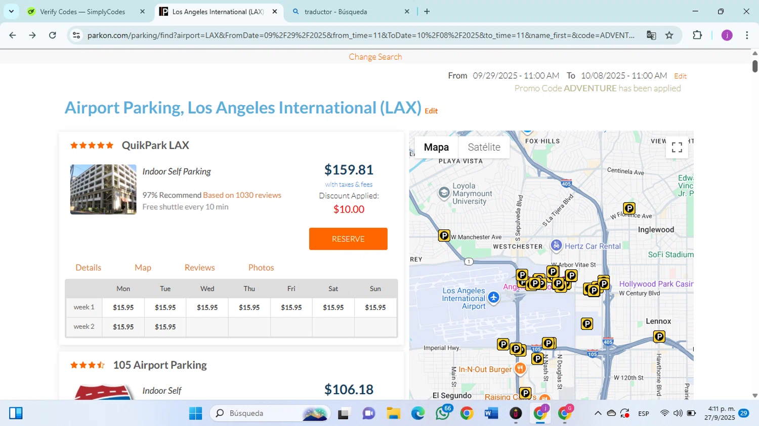 ParkOn promo code screenshot showing code ADVENTURE applied at ParkOn checkout page. Uploaded by SimplyCodes community member christophersierra on Sep 27, 2025