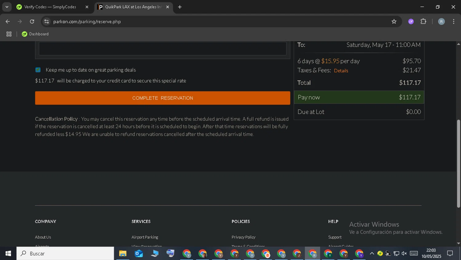 ParkOn promo code screenshot showing code ADVENTURE applied at ParkOn checkout page. Uploaded by SimplyCodes community member WonderCollector7587 on May 11, 2025