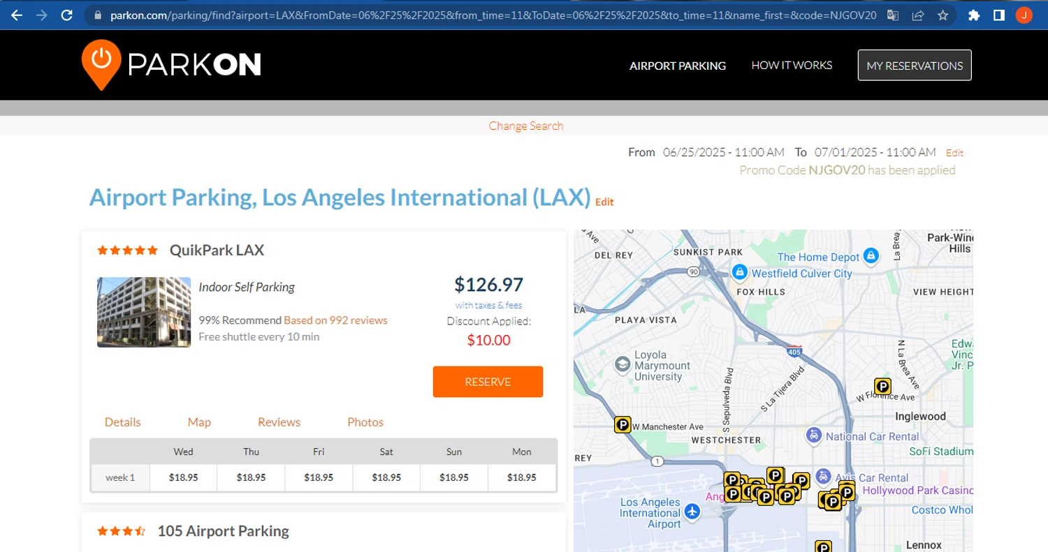 ParkOn promo code screenshot showing code NJGOV20 applied at ParkOn checkout page. Uploaded by SimplyCodes community member FranquizJoel on Jun 24, 2025