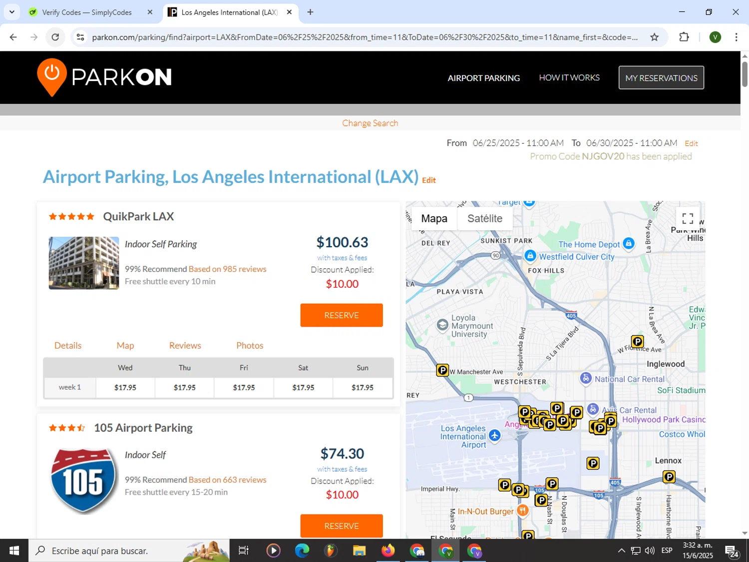 ParkOn promo code screenshot showing code NJGOV20 applied at ParkOn checkout page. Uploaded by SimplyCodes community member PrimeWizard4168 on Jun 15, 2025