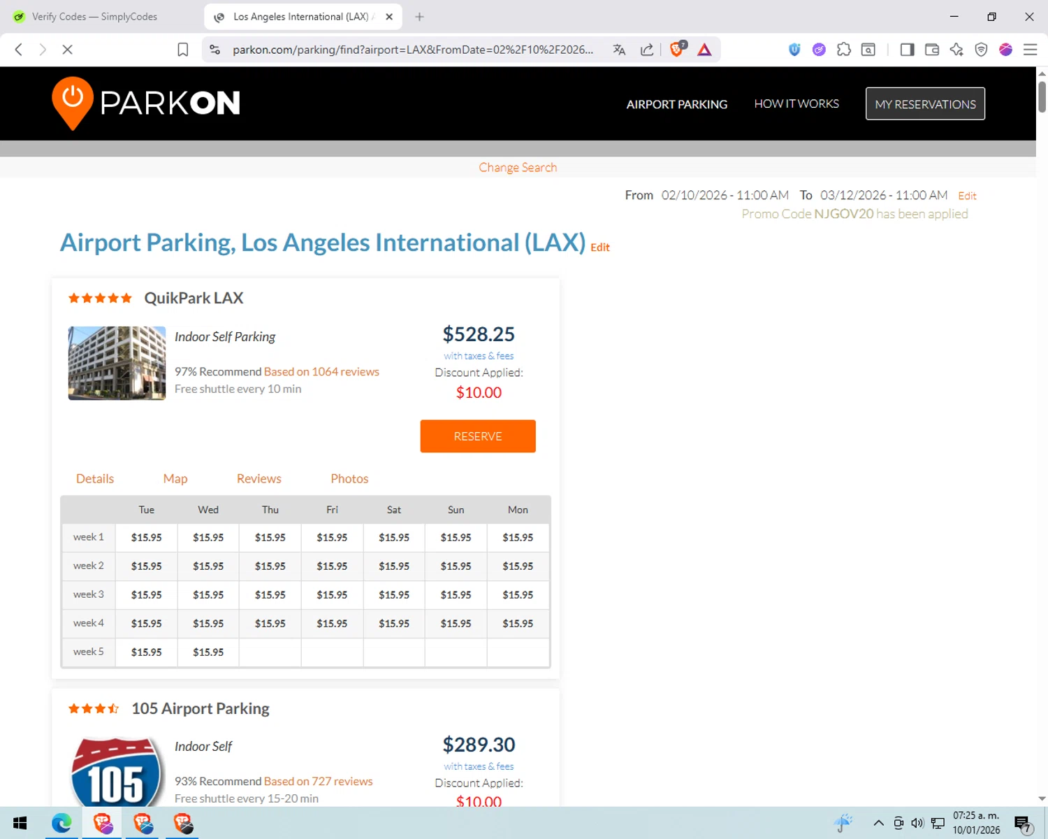 ParkOn checkout page showing ParkOn promo code box | Screenshot taken by SimplyCodes community member on Jan 10, 2026