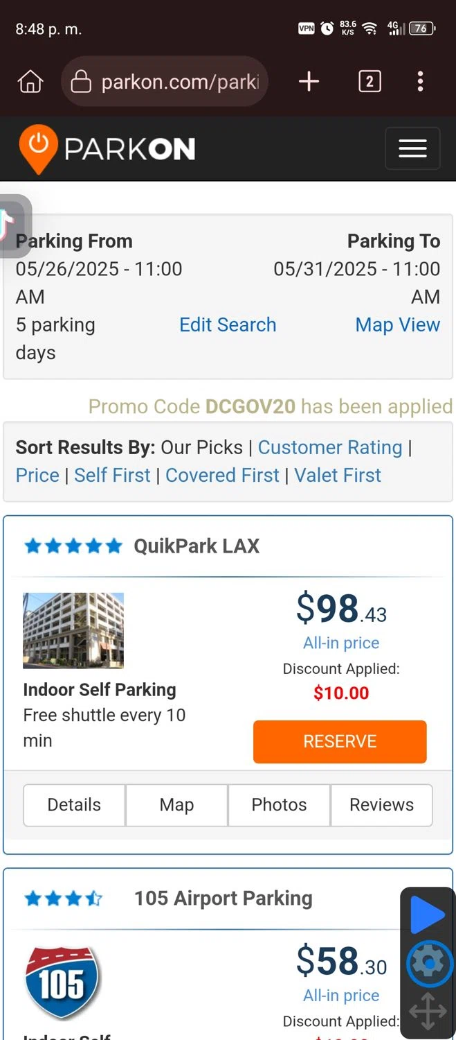 ParkOn promo code screenshot showing code DCGOV20 applied at ParkOn checkout page. Uploaded by SimplyCodes community member GumballWatterson on May 11, 2025