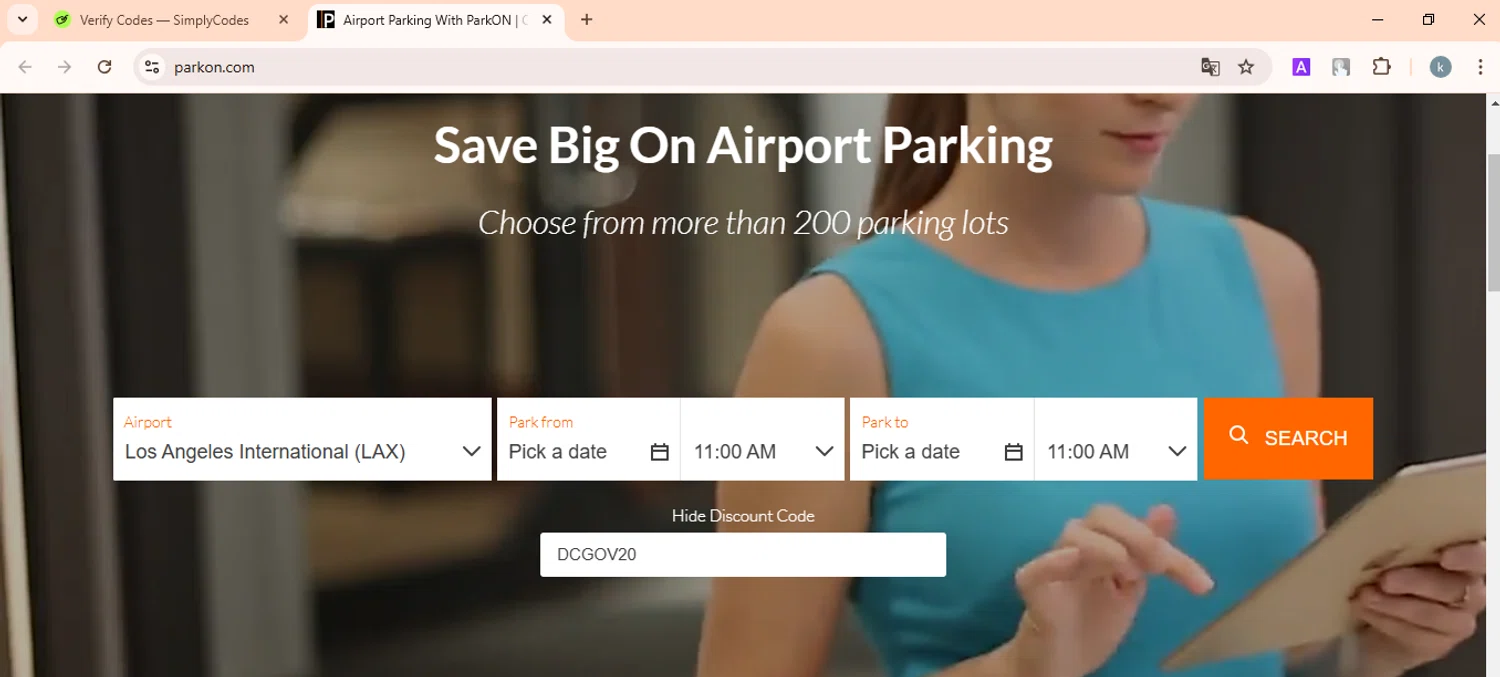 ParkOn promo code screenshot showing code DCGOV20 applied at ParkOn checkout page. Uploaded by SimplyCodes community member FortunateMaven6799 on Jan 24, 2025