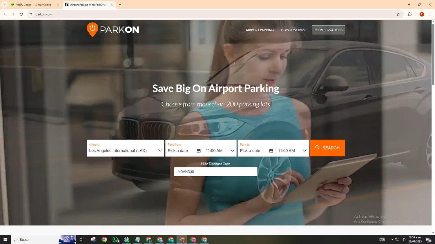 ParkOn promo code screenshot showing code MDAND30 applied at ParkOn checkout page. Uploaded by SimplyCodes community member MoneyScout5902 on Mar 23, 2025