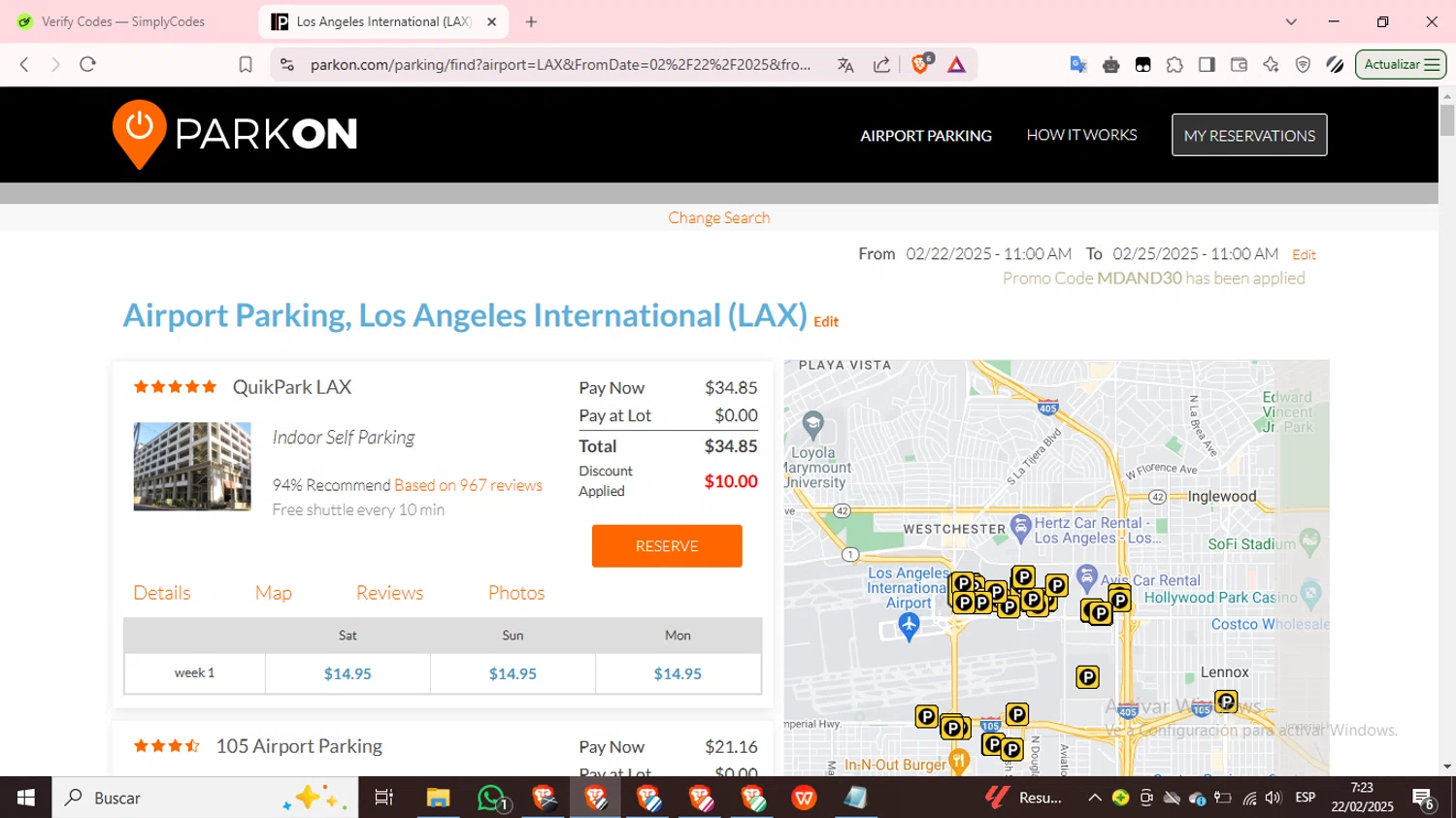 ParkOn promo code screenshot showing code MDAND30 applied at ParkOn checkout page. Uploaded by SimplyCodes community member CashSpotter9266 on Feb 22, 2025