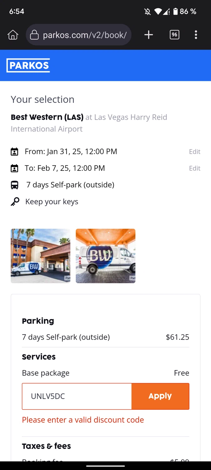 Parkos promo code screenshot showing code UNLV5DC applied at Parkos checkout page. Uploaded by SimplyCodes community member angeljurez on Jan 26, 2025