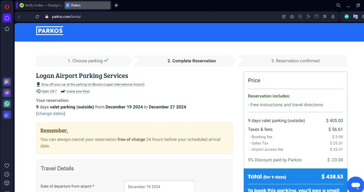 Parkos checkout page showing Parkos promo code box | Screenshot taken by SimplyCodes community member on Dec 17, 2024