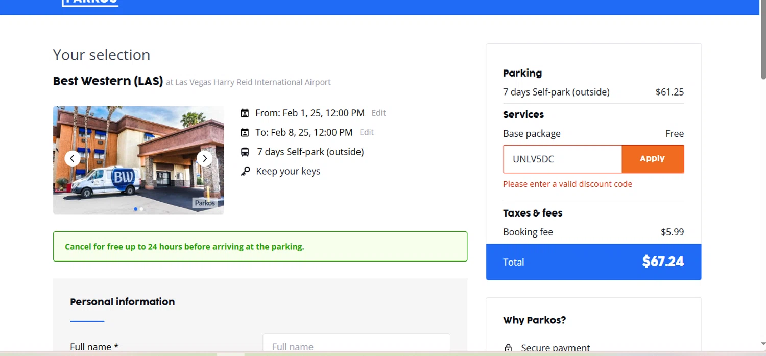 Parkos promo code screenshot showing code UNLV5DC applied at Parkos checkout page. Uploaded by SimplyCodes community member BrilliantFalcon6936 on Jan 26, 2025