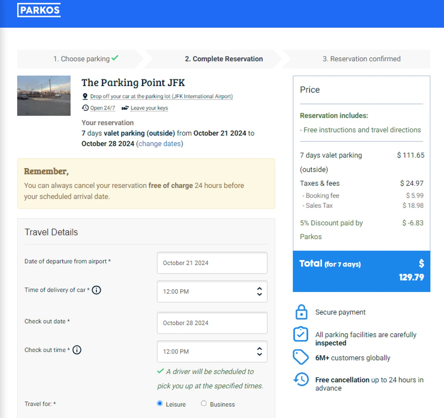 Parkos checkout page showing Parkos promo code box | Screenshot taken by SimplyCodes community member on Oct 14, 2024