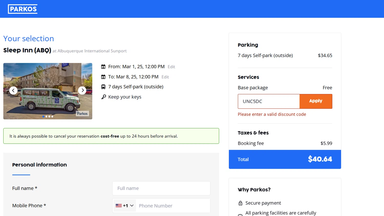 Parkos promo code screenshot showing code UNC5DC applied at Parkos checkout page. Uploaded by SimplyCodes community member CleverChaser9201 on Feb 25, 2025