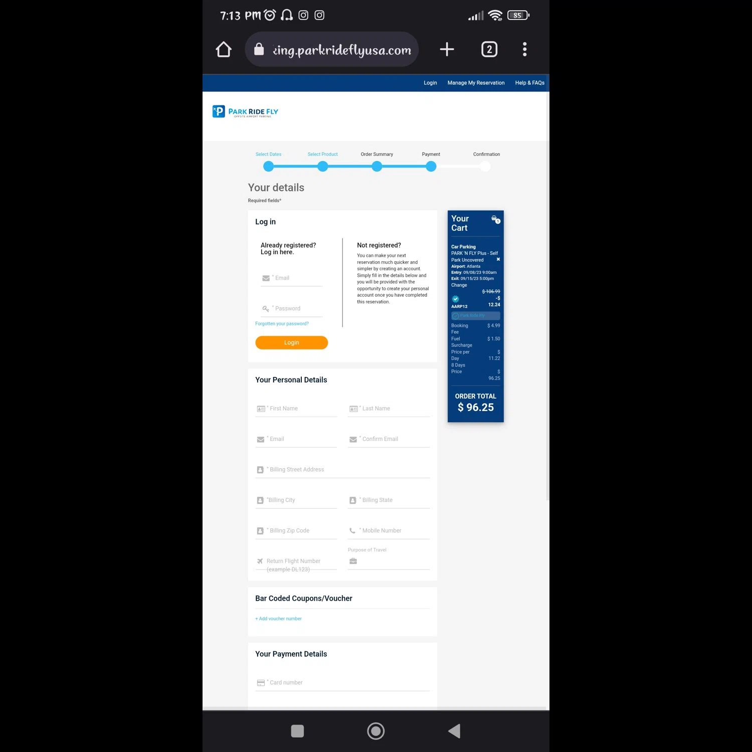 Park Ride Fly USA checkout page showing Park Ride Fly USA promo code box | Screenshot taken by SimplyCodes community member on Sep 7, 2023