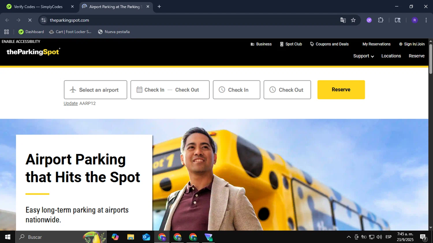 Park Ride Fly USA promo code screenshot showing code AARP12 applied at Park Ride Fly USA checkout page. Uploaded by SimplyCodes community member Mykeusername on Sep 23, 2025