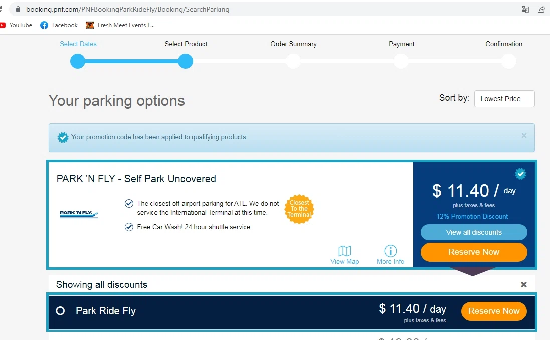 Park Ride Fly USA checkout page showing Park Ride Fly USA promo code box | Screenshot taken by SimplyCodes community member on Jun 8, 2023