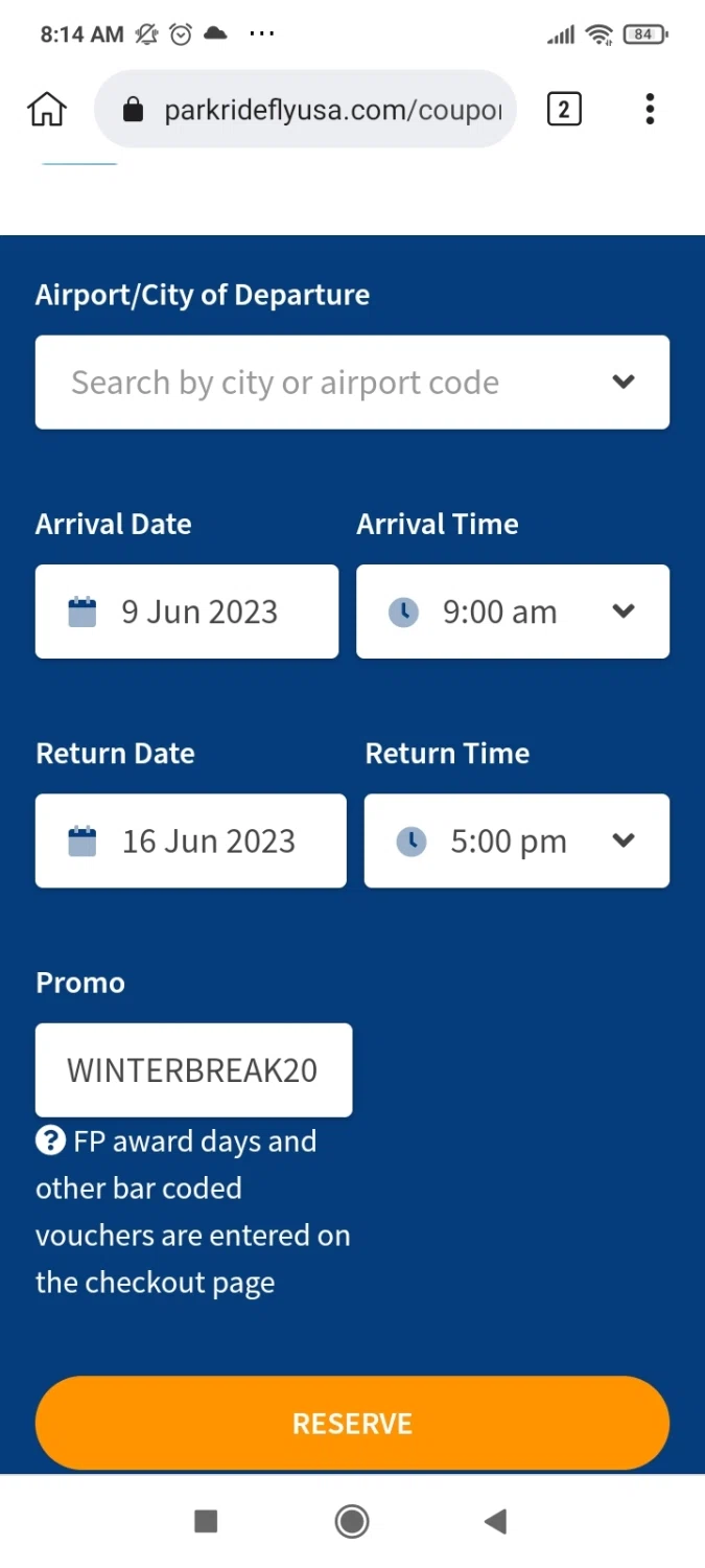 Park Ride Fly USA checkout page showing Park Ride Fly USA promo code box | Screenshot taken by SimplyCodes community member on Jun 8, 2023