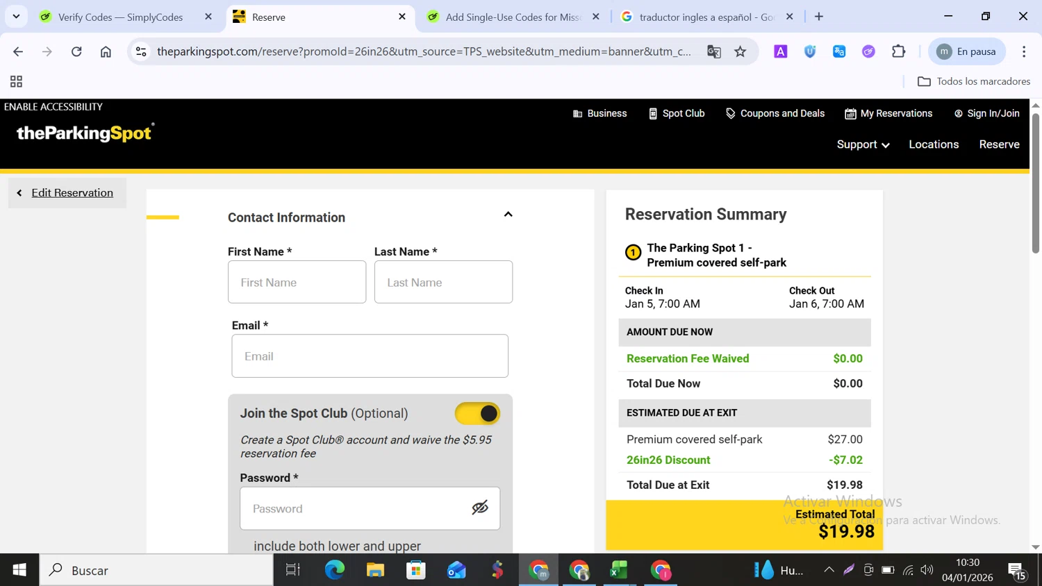 Park Ride Fly USA promo code screenshot showing code 26IN26 applied at Park Ride Fly USA checkout page. Uploaded by SimplyCodes community member MANUELURBINA on Jan 4, 2026