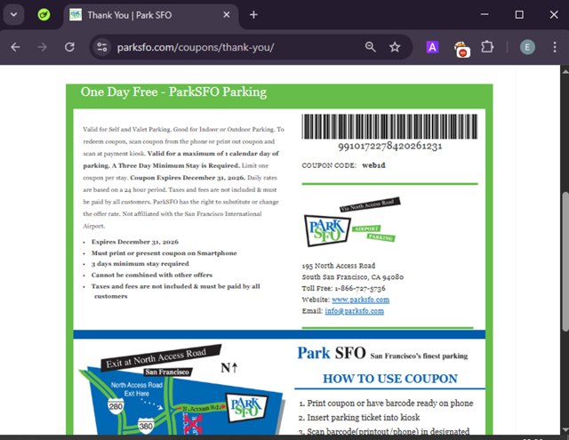 Park SFO checkout page showing Park SFO promo code box | Screenshot taken by SimplyCodes community member on Apr 11, 2025