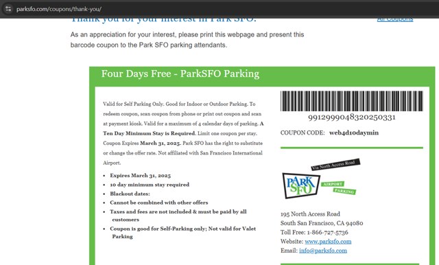 Park SFO checkout page showing Park SFO promo code box | Screenshot taken by SimplyCodes community member on Feb 24, 2025