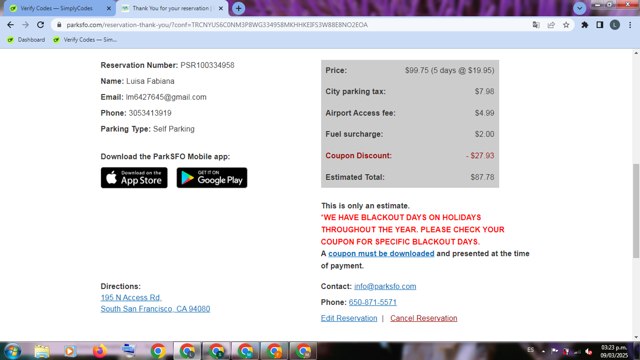 Park SFO checkout page showing Park SFO promo code box | Screenshot taken by SimplyCodes community member on Mar 9, 2025