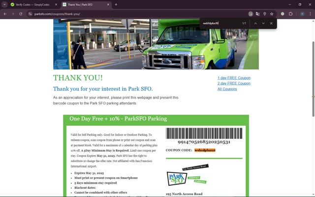 Park SFO checkout page showing Park SFO promo code box | Screenshot taken by SimplyCodes community member on Apr 1, 2025