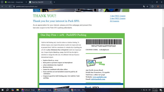 Park SFO checkout page showing Park SFO promo code box | Screenshot taken by SimplyCodes community member on Feb 27, 2025