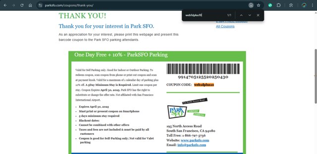 Park SFO checkout page showing Park SFO promo code box | Screenshot taken by SimplyCodes community member on Mar 20, 2025