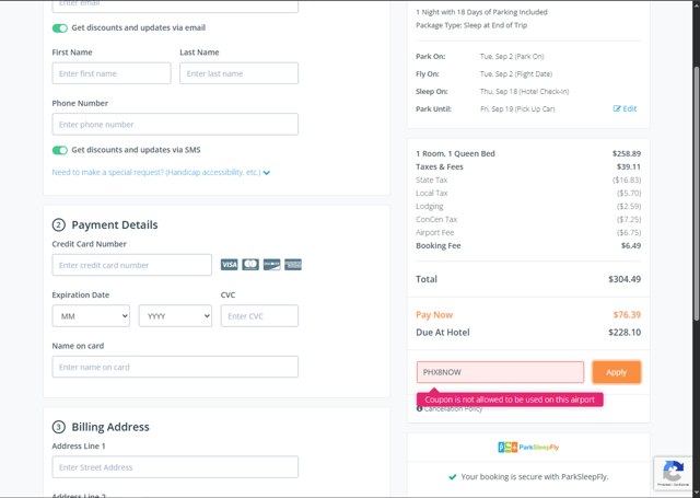 ParkSleepFly.com checkout page showing ParkSleepFly.com coupon code box | Screenshot taken by SimplyCodes community member on Aug 21, 2025