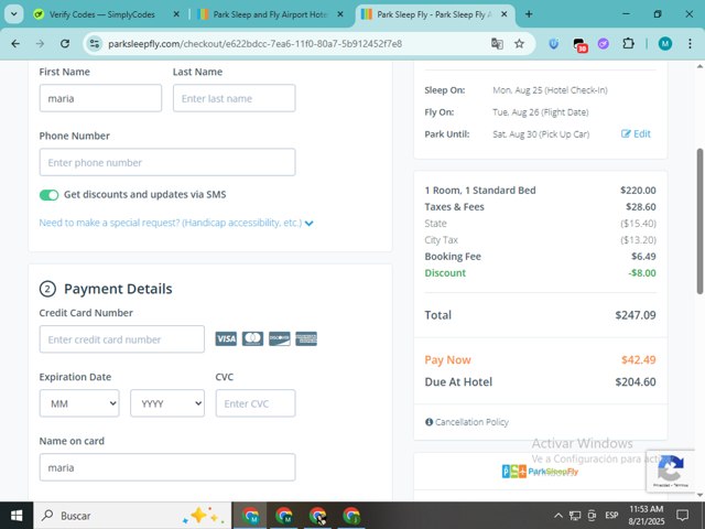 ParkSleepFly.com checkout page showing ParkSleepFly.com coupon code box | Screenshot taken by SimplyCodes community member on Aug 21, 2025