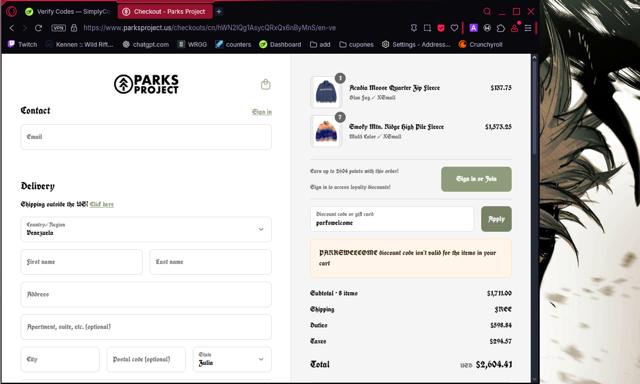 Parks Project checkout page showing Parks Project discount code box | Screenshot taken by SimplyCodes community member on Sep 9, 2025
