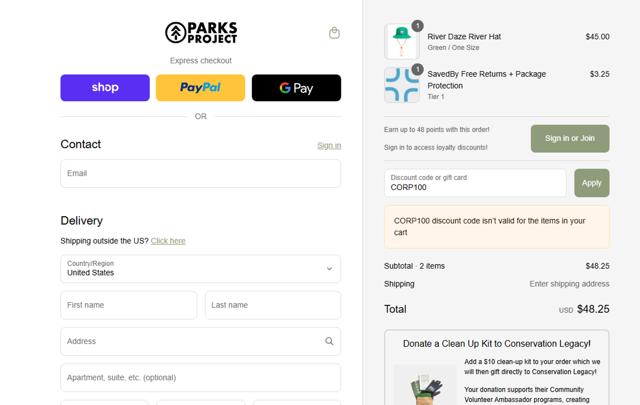 Parks Project checkout page showing Parks Project discount code box | Screenshot taken by SimplyCodes community member on Sep 10, 2025