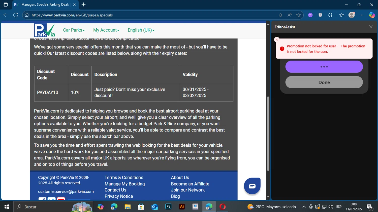 ParkVia UK checkout page showing ParkVia UK promo code box | Screenshot taken by SimplyCodes community member on Jul 11, 2025