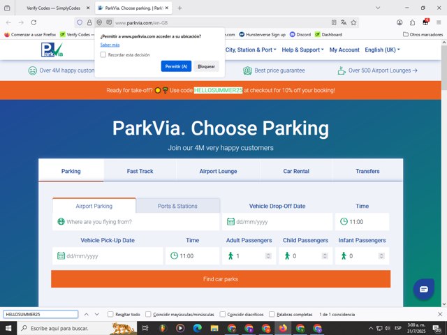 ParkVia UK checkout page showing ParkVia UK promo code box | Screenshot taken by SimplyCodes community member on Jul 31, 2025