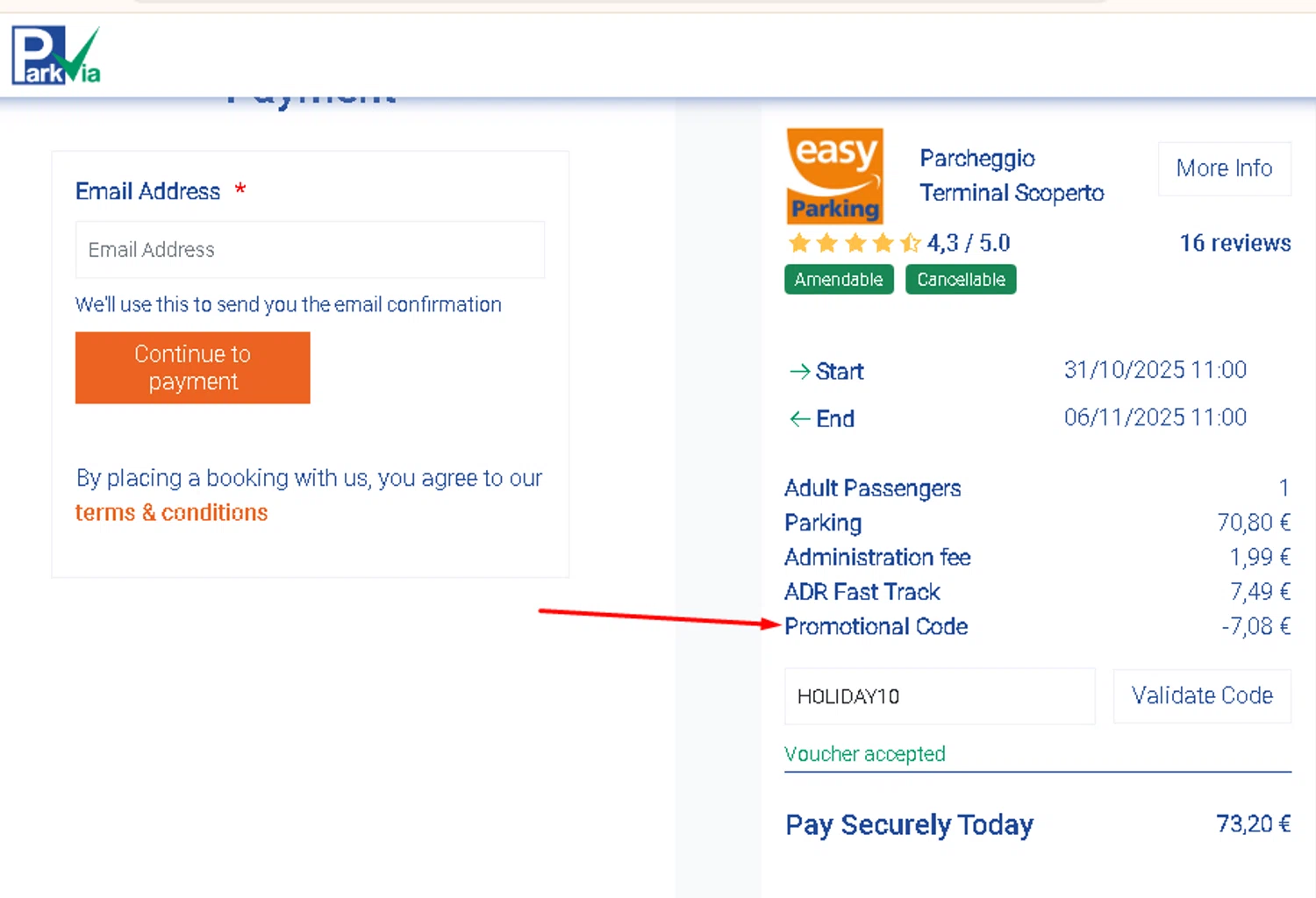 ParkVia UK promo code screenshot showing code HOLIDAY10 applied at ParkVia UK checkout page. Uploaded by SimplyCodes community member AMANDA2681 on Oct 30, 2025